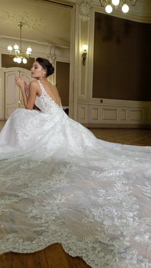 Val Stefani Bridal D8277 Glittery Ornate Floral Lace V-Neck Full A-Line Bridal Gown With Long Sheer Sparkle Petal-Shaped Train