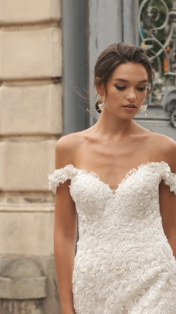 Val Stefani MONACO Lush Off-The-Shoulder Mermaid Gown with Re-Embroidered Bouquet Lace Appliques and 3D Flower Swag Sleeves Val Stefani MONACO Lush Off-The-Shoulder Mermaid Gown with Re-Embroidered Bouquet Lace Appliques and 3D Flower Swag Sleeves