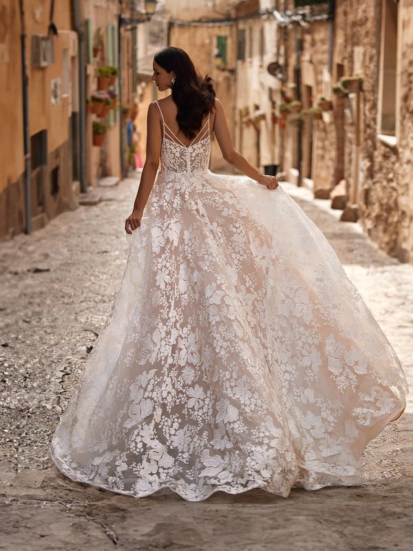 A-line Beaded Strappy Back Boho Lace Wedding Dress With Sexy Back Neckline And Lace Sweep Train