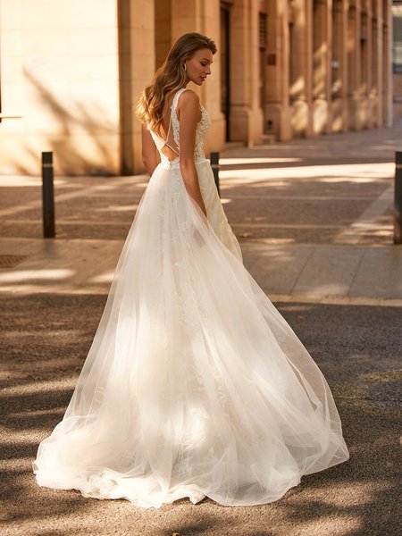 Style MOIRA S2240 Beaded Trim V-Back with Deep Illusion Keyhole A-Line Gown with Sweep Train