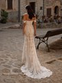 Sweep train with rustic lace hem wedding dress with open back and buttons along zipper Sweep train with rustic lace hem wedding dress with open back and buttons along zipper