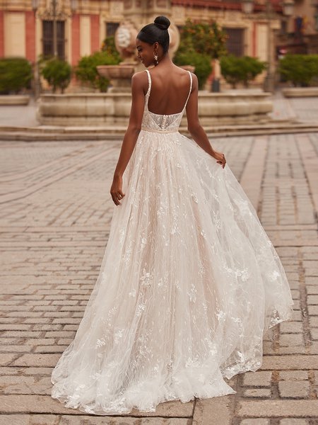 Style NINA Deep V-Back with Illusion Inset Embroidered Net Fabrics A-Line with Sweet Train