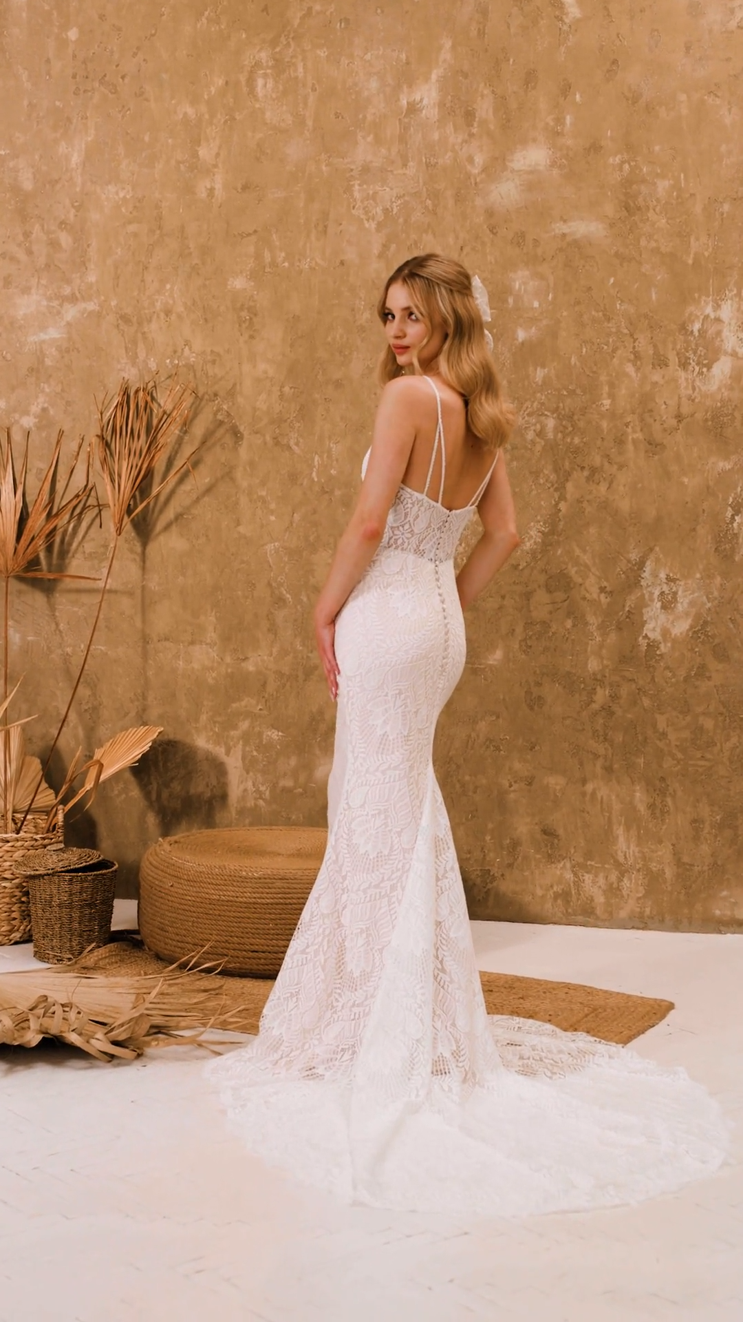 Style LOTUS Soft Cotton Lace Deep Sweetheart and Strappy Open Back Mermaid with Hem Lace Trim