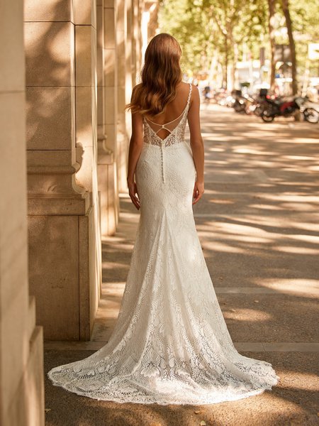 Style KAIA S2236 Drop Waist V-Back with Deep Illusion Scoop Keyhole Cotton Lace Mermaid with Sweep train