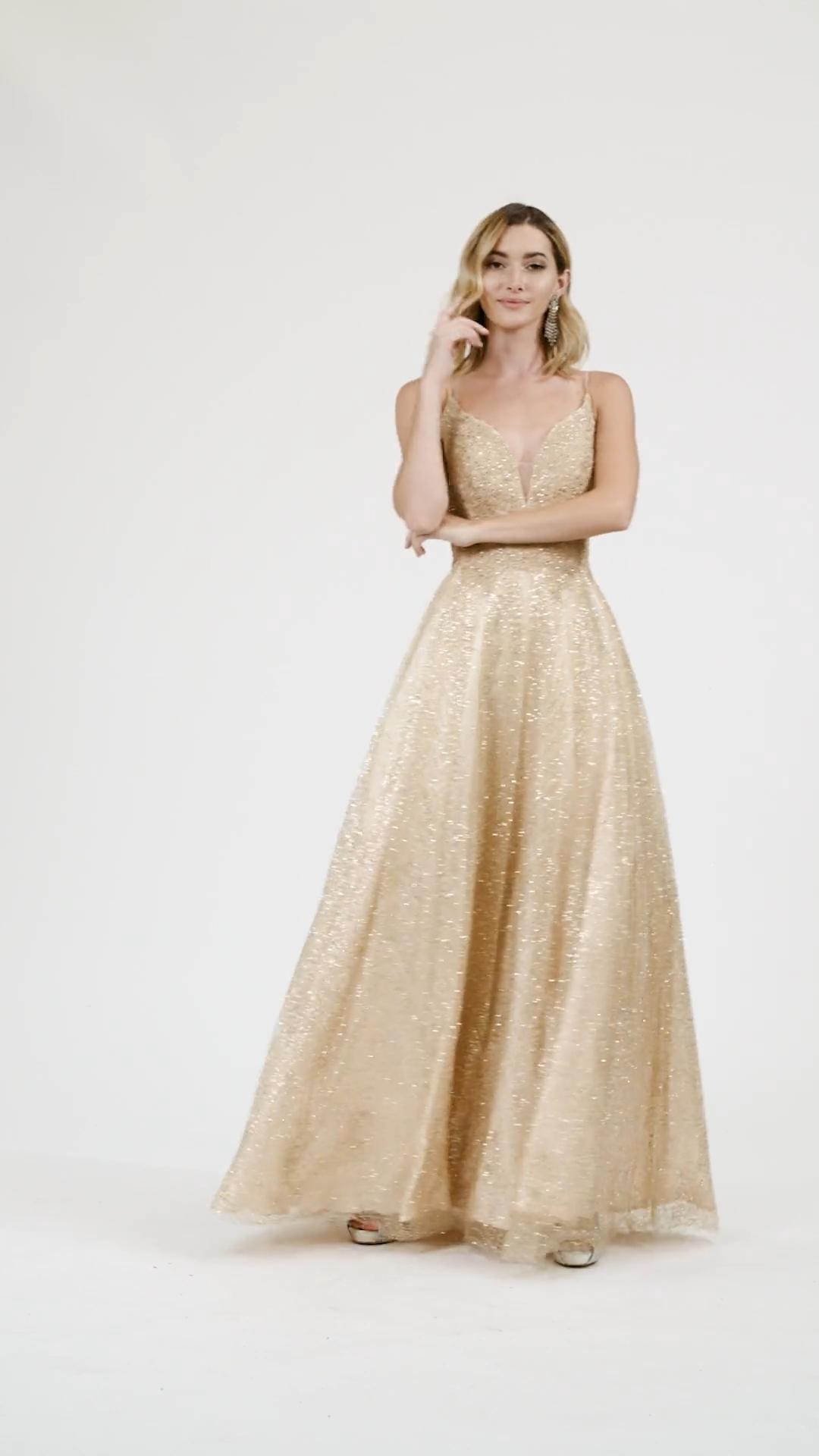 Val Stefani 3967RW stunning brushed glitter print net full A-line prom dress with deep sweetheart and deep V-back