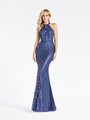 Val Stefani 3923RY chic and elegant halter with cutout navy glitter print tulle sheath prom dress with rhinestones Val Stefani 3923RY chic and elegant halter with cutout navy glitter print tulle sheath prom dress with rhinestones