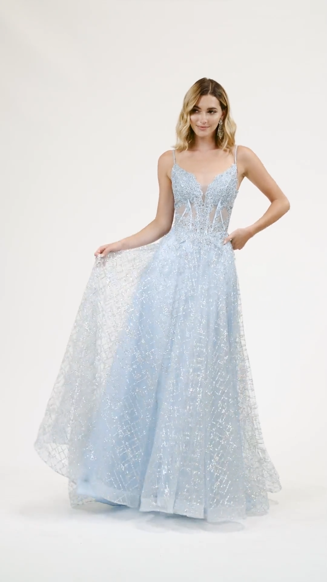 ValStefani 3943RG light weight and flowy glitter tulle A-line prom gown with unlined bodice and horsehair trim hem ValStefani 3943RG light weight and flowy glitter tulle A-line prom gown with unlined bodice and horsehair trim hem