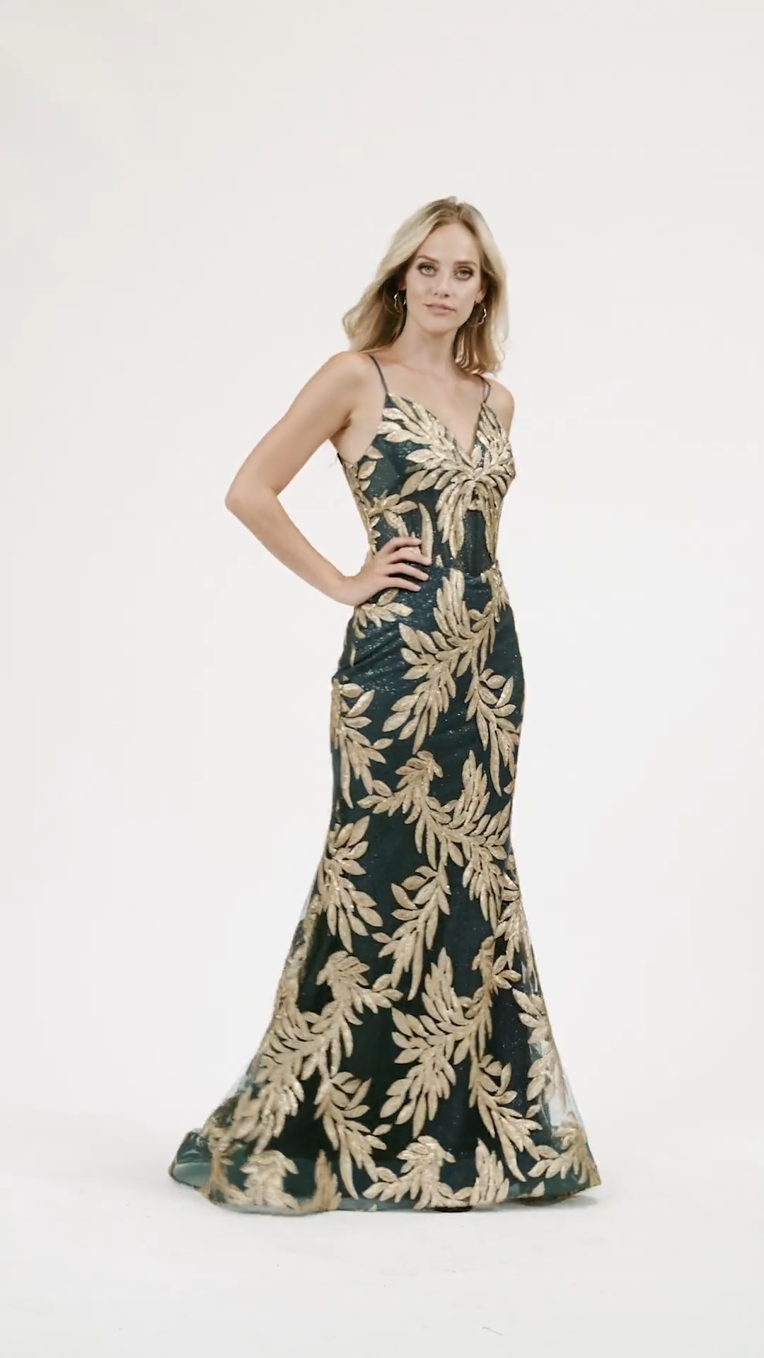 Val Stefani 3947RD beautiful gold sequin embroidery leaf net over sparkle tulle formal mermaid gown with sweetheart neckline