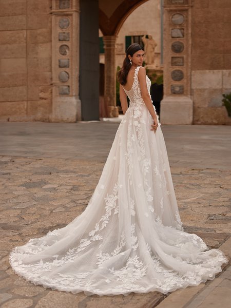 Long illusion lace train wedding dress with low illusion scoop back and lace straps