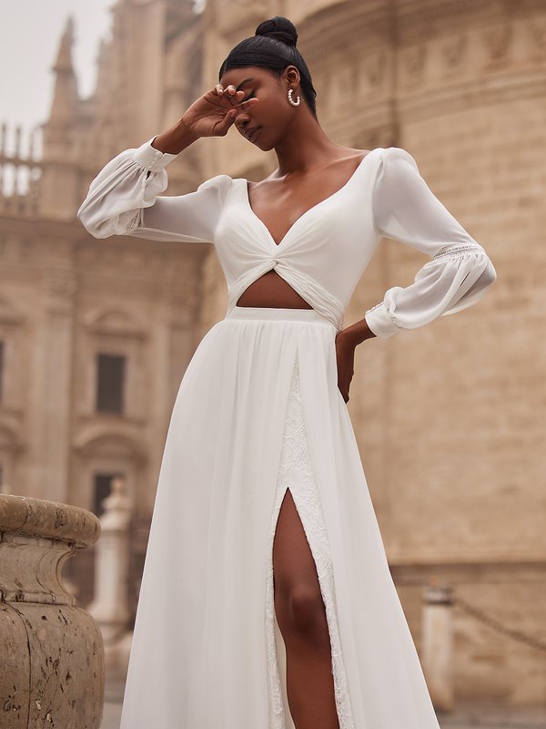 Deep V-Neck with Twist and Cutout at Natural Waistline A-Line with Alencon Lace Trim Leg Slit Style ROSALIA