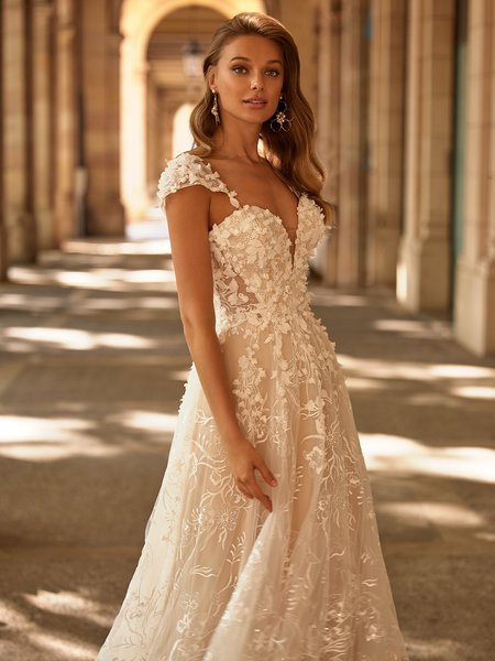 Style ROSIE S2237 3D Floral Appliques and Embroidered Lace Fabric A-Line with Illusion Cutout at Side Bodice