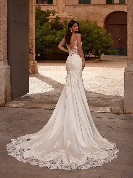 Satin mermaid wedding dress with lace illusion cutout long train