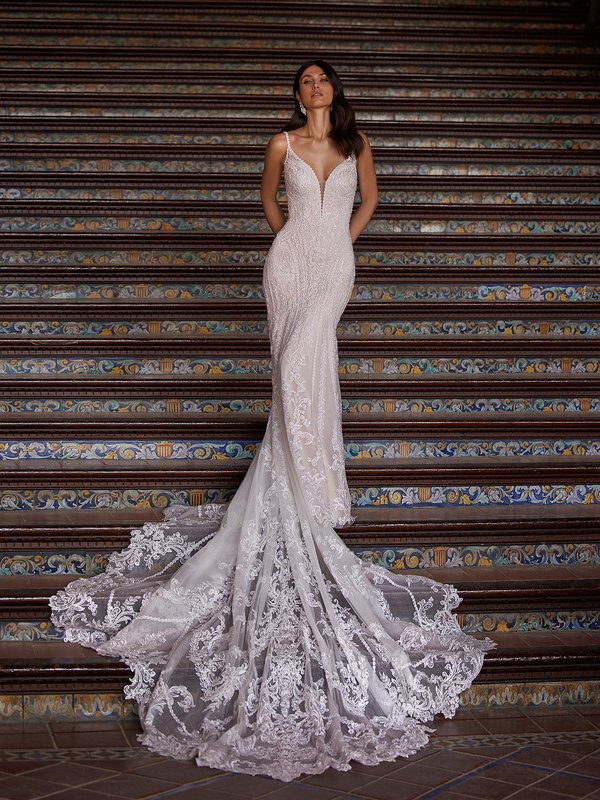 ValStefani ESTRELLA Beaded Lace Appliques and Sparkle Tulle Drop Waist Mermaid with Illusion Inset at Side Bodice